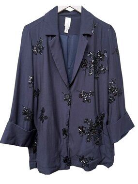 Marla Wynne Sequin Blazer Womens Medium Blue Black Evening Jacket Artsy